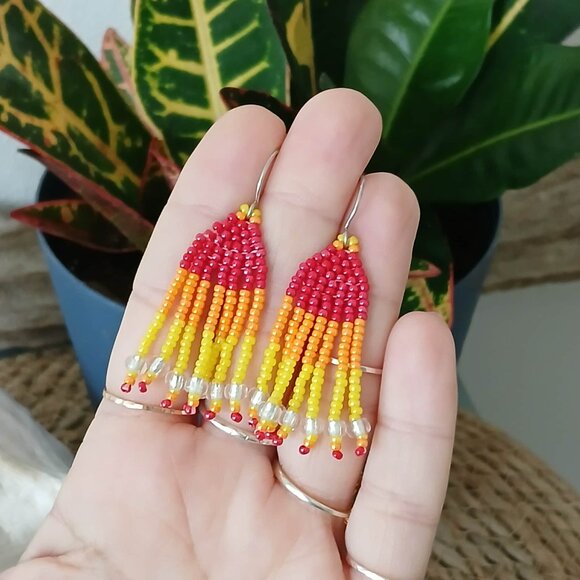 BOGO EARRINGS -Red Orange & Yellow Boho Beaded Fringe Dangle Earrings, 2" - Picture 5 of 6